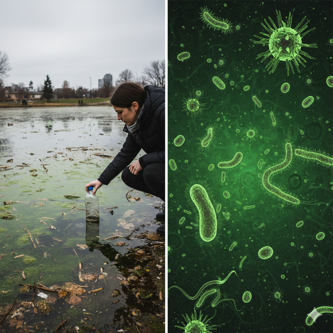 Kobieta zbierająca wodę ze źródła naturalnego za pomocą plastikowej butelki.